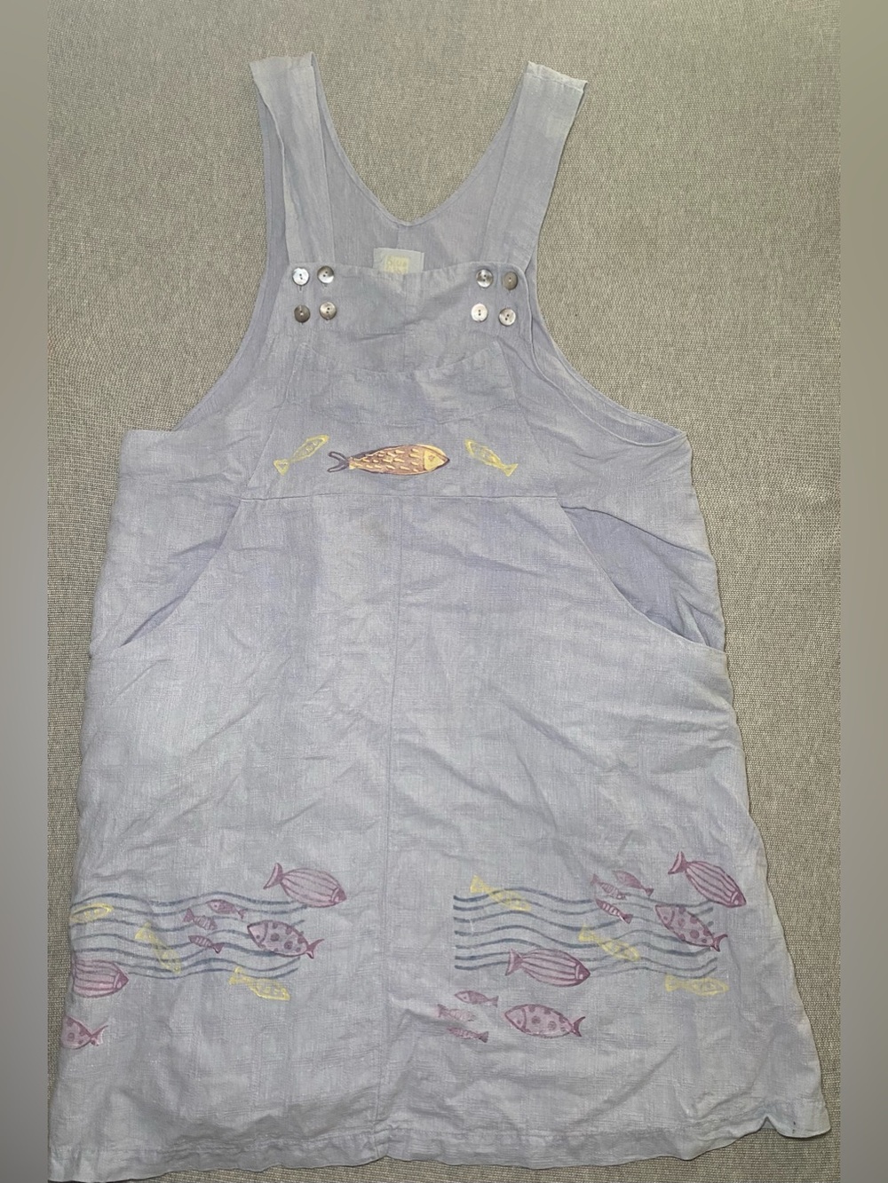 Vintage Blue Fish Women's Overall Apron Dress Blue Painted w/ Pockets Size 0